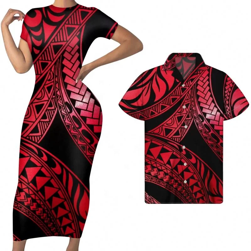 

Husband And Wife Clothes Red Black Origina Tribal Polynesian Custom Print Women Summer Long Dress With Short Sleeve Match Men, Customized color