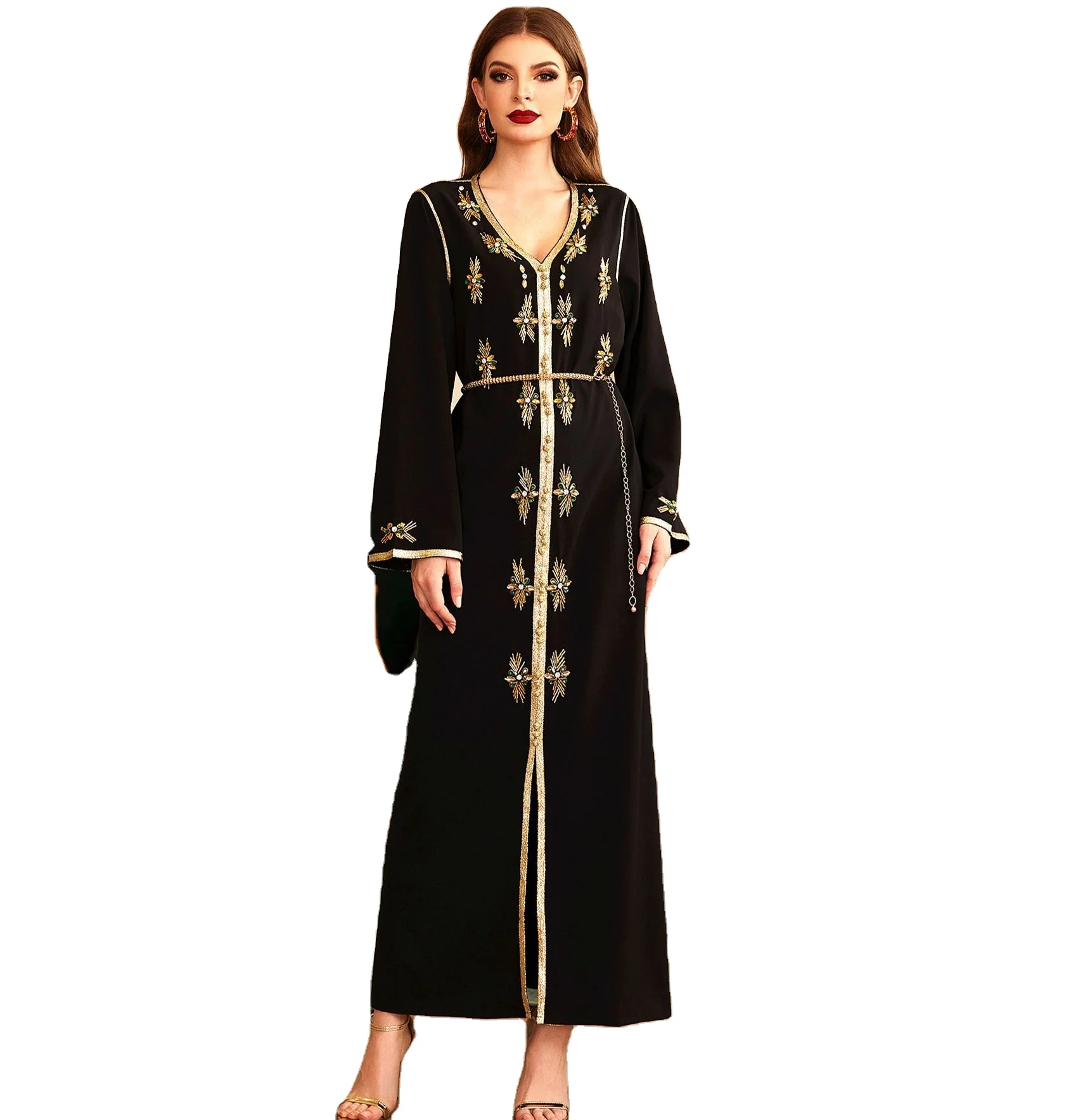

GH- BA607 Handmade Phnom Penh V-Neck Gold Tube Rhinestone Robe Middle Eastern Arabic Black Muslim Latest Party Dress Women