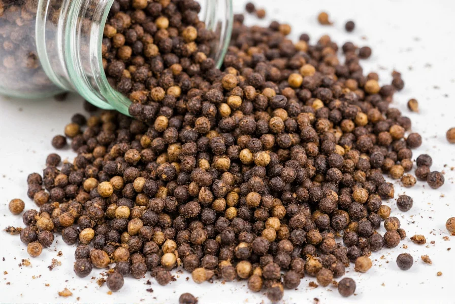 Close-up of ground black pepper in glass jar next to whole peppercorns showing color difference