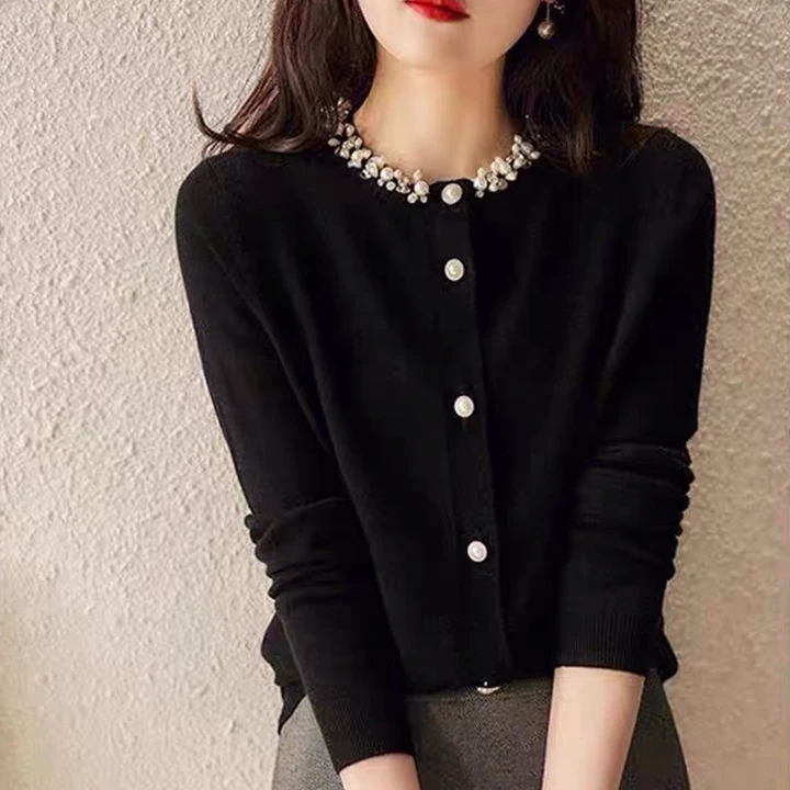 Korean Autumn Beaded Knitted Cardigan Sweater for Women Tops Simple Basic Casual Long Sleeve Vintage Cardigan Coats