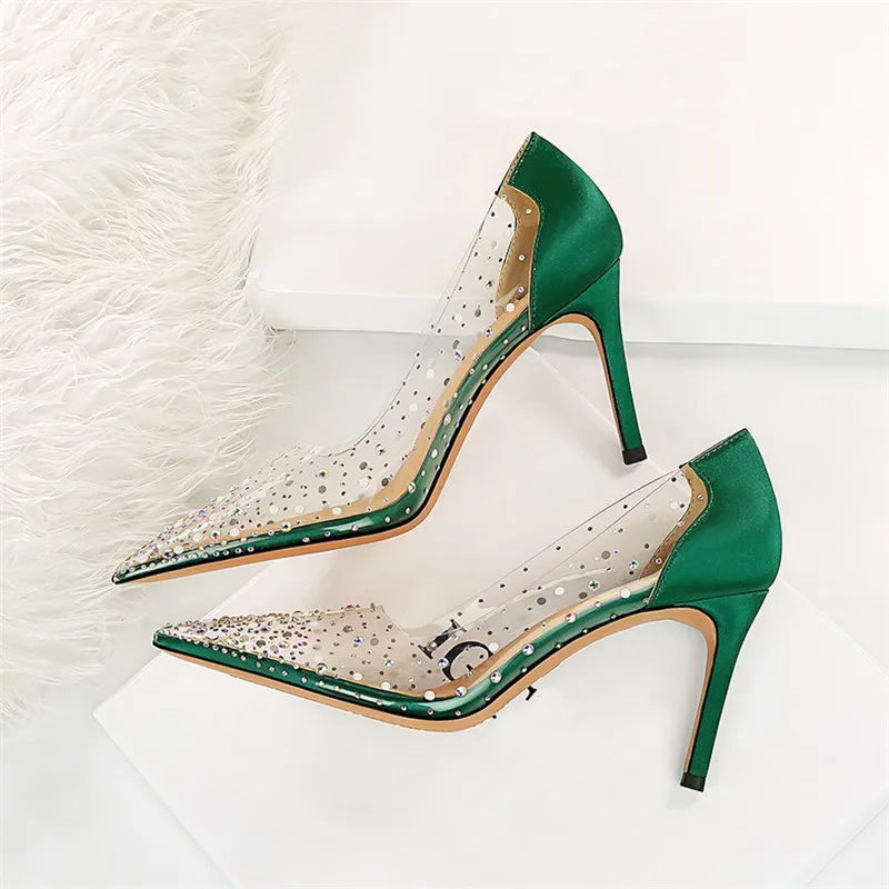 

Fashion Green Rhinestone PVC Transparent Women Pumps Spring Autumn Stiletto High Heels Sexy Party Wedding Shoes