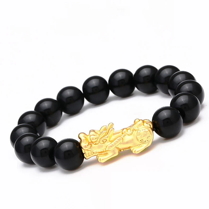 

Wholesale Simple Charm Stone Beaded Bracelet Lucky Fortune Natural Feng Shui Black Obsidian Pixiu Bracelet, Glod