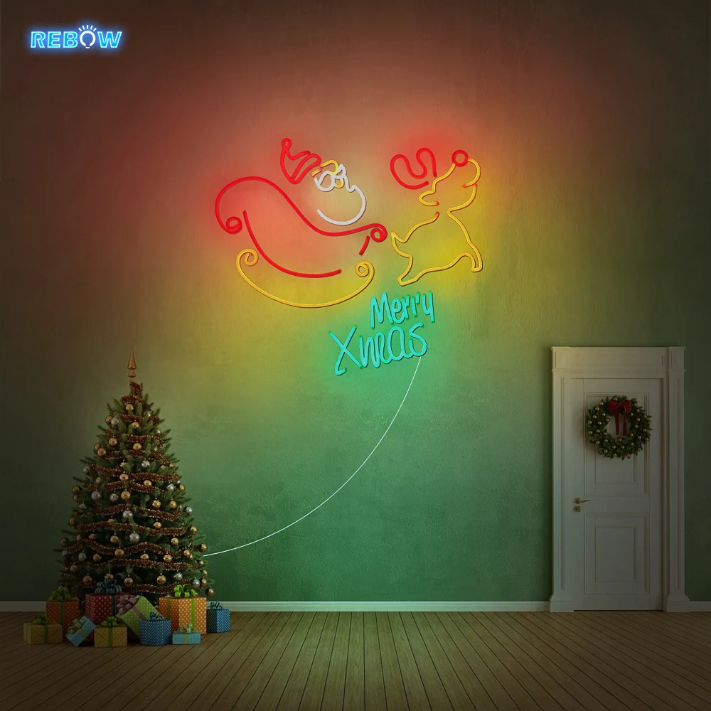 

Rebow Drop Shipping Free Shipping 70CM Happy New Year Merry Christmas Bedroom Custom Letter LED Light Flex Neon Sign