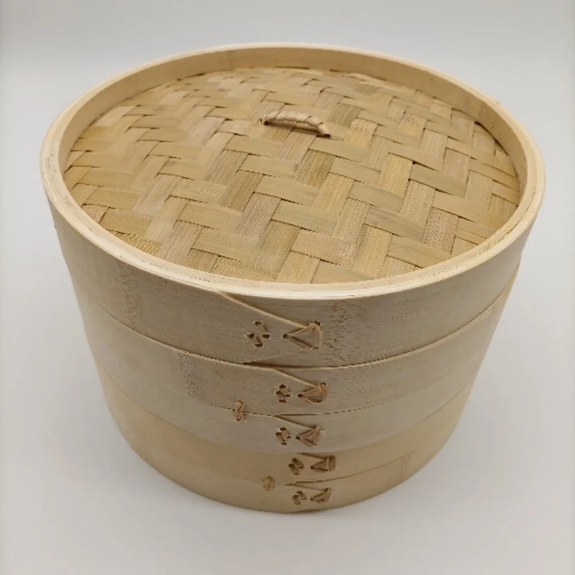 

Premium 10 Inch Handmade Bamboo Steamer Two Tier Baskets Chinese Food Steamers For Vegetables, Natural