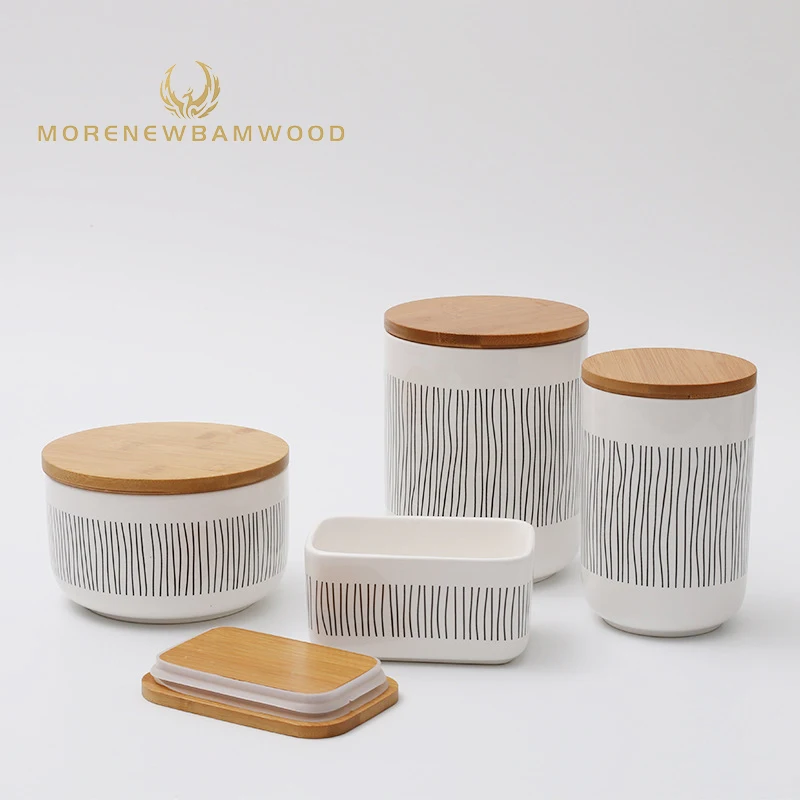

Factory outlet stripe ceramic storage with bamboo, ceramic storage containers