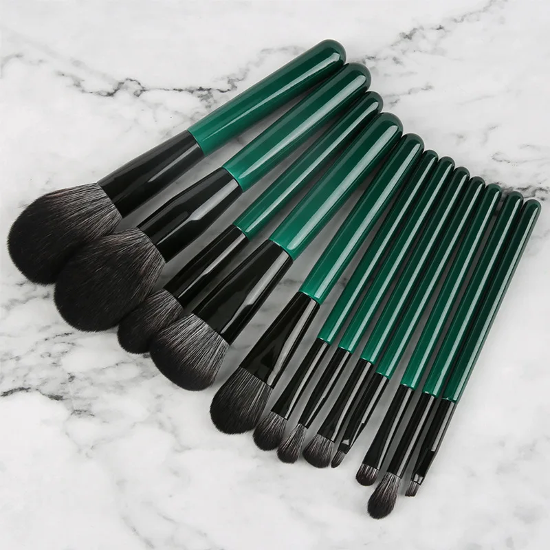 

FEIYAN Beauty Green Color Handle Make Up Brushes Low Moq Whosale Private Label 12pcs Dark Green And Black Makeup Brush Set