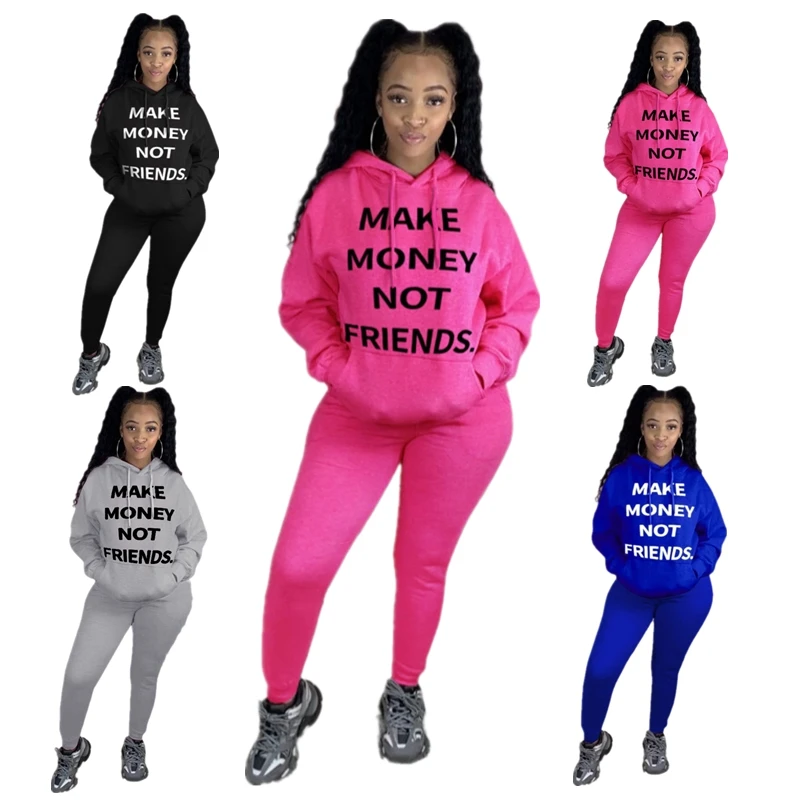 

Dropshipping plus size Make money not friends print hoodies 2 piece set women clothing, 4 colors