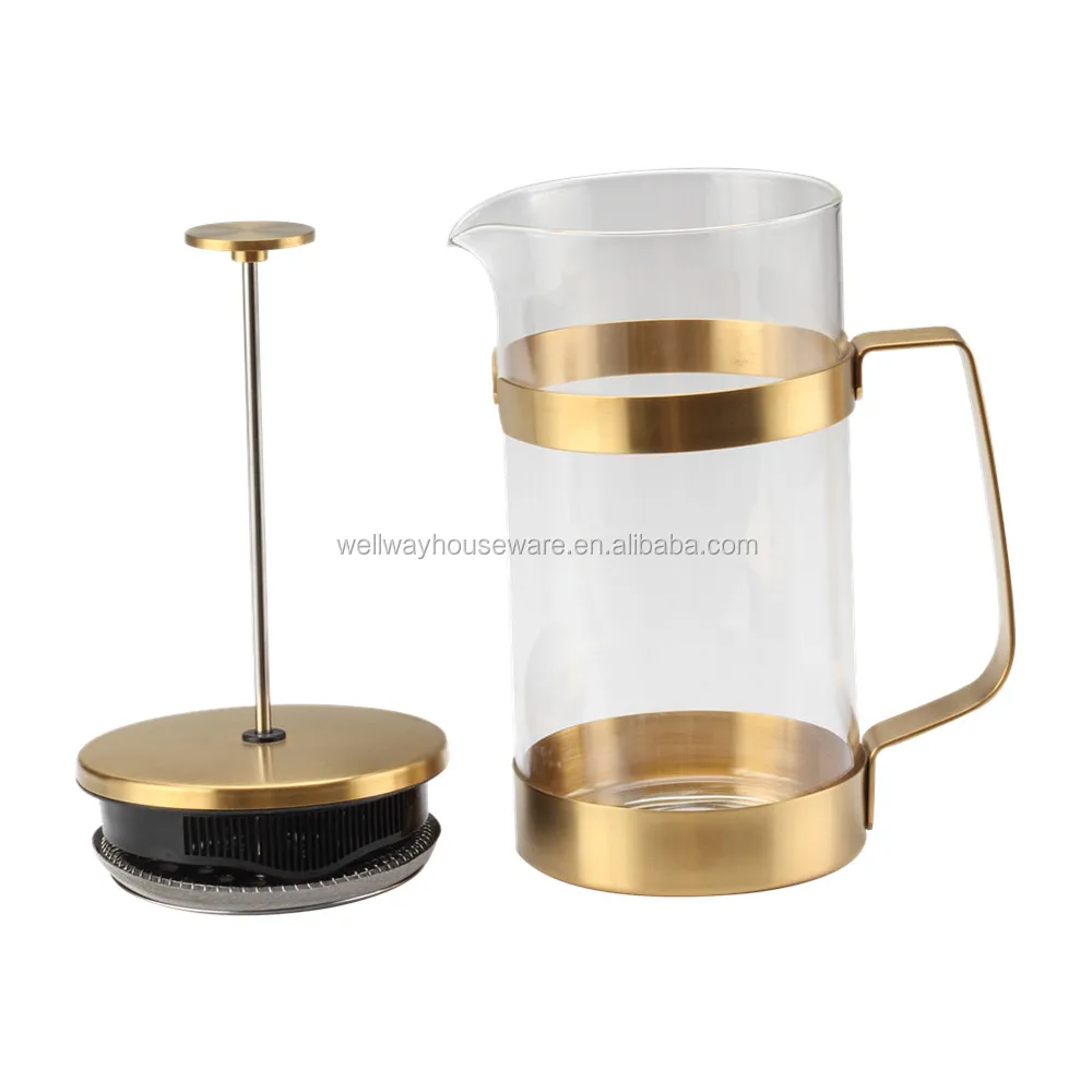 Coffee Cafetiere Set With Milk Frother Glass And Gold Glass French