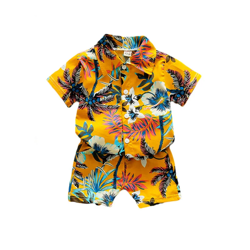 

New Coconut Tree Short-sleeved Suit Cotton Children Suit Cardigan Shorts Two-piece Suit, Nature