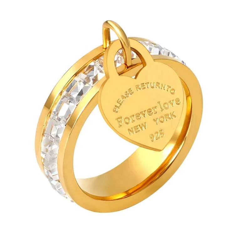 

Fashion Design Luxury Jewelry Minimalist Stainless Steel Gold Plated CZ Stone Gemstone Forever Love Heart Charm Ring for Women, Gold, rose gold, steel, black etc.