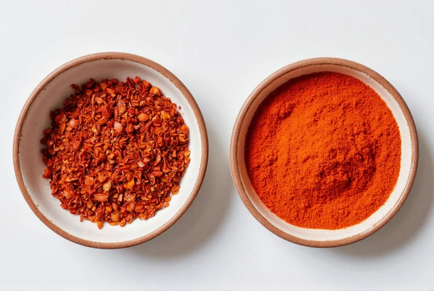 Close-up comparison of red pepper flakes and cayenne powder in small bowls