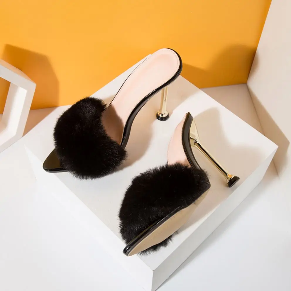 

Heels For Women 2021 Wholesale Rabbit Hair Sandals High Heels