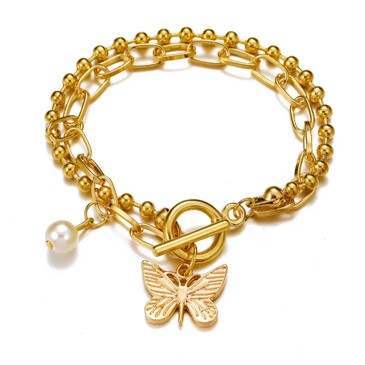 

Butterfly Heart Lock Double Round Bead Chain Hip Hop Pearl Gold Chain Anklets With Charms Creative Alloy Anklet, Silver