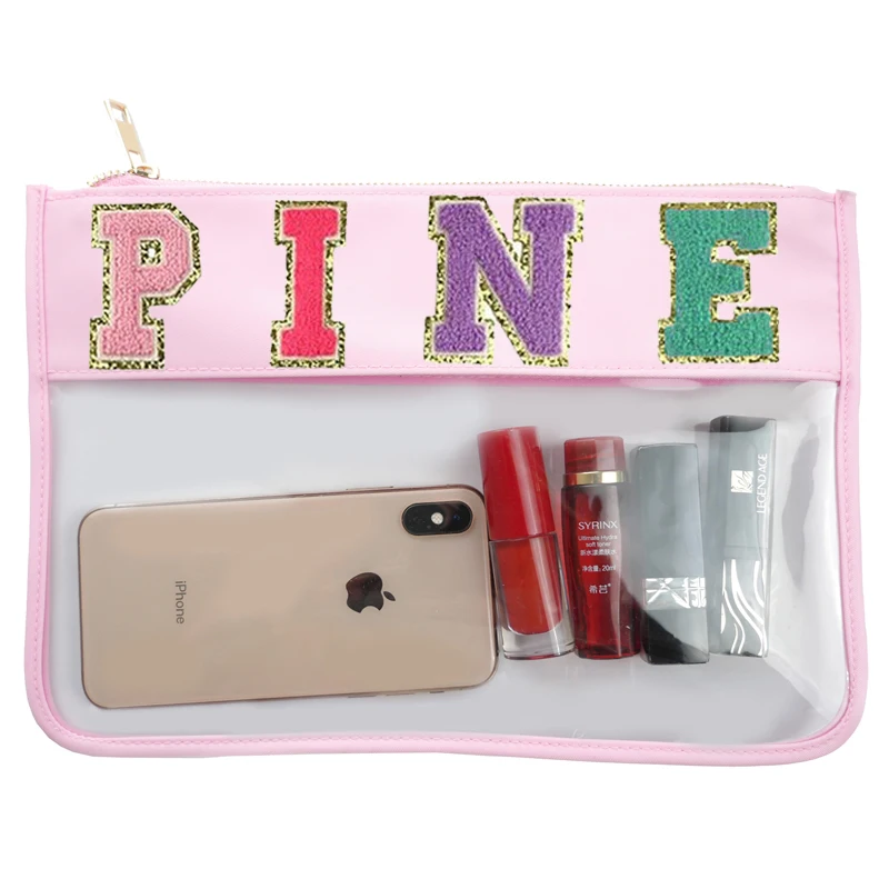 

Factory Direct Sale Transparent PVC Make up Pouches Letter Patches Available Travel Cosmetic Make up Toiletry Bags