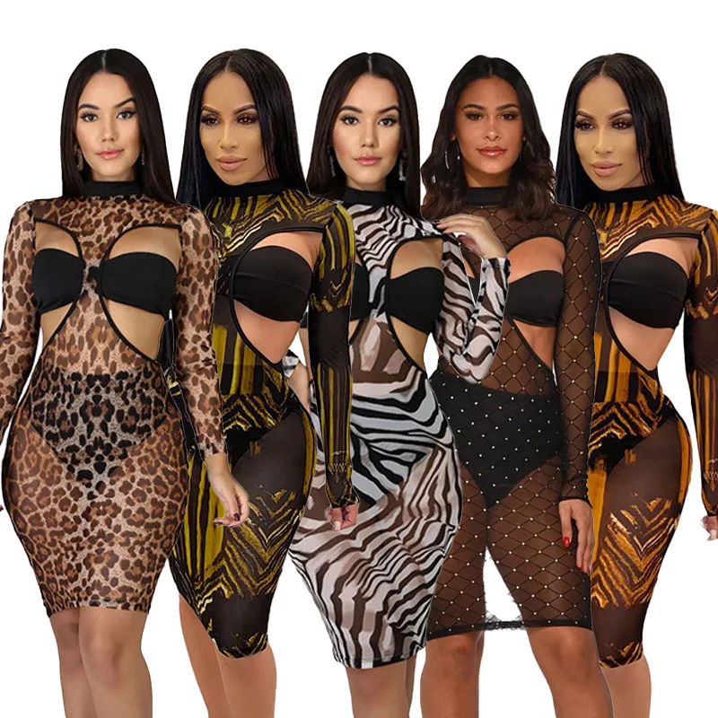 

Spring best-selling mesh printed leopard print dress casual sexy nightclub three piece set, Zebra pattern, black plaid, leopard pattern, yellow and orange stripes