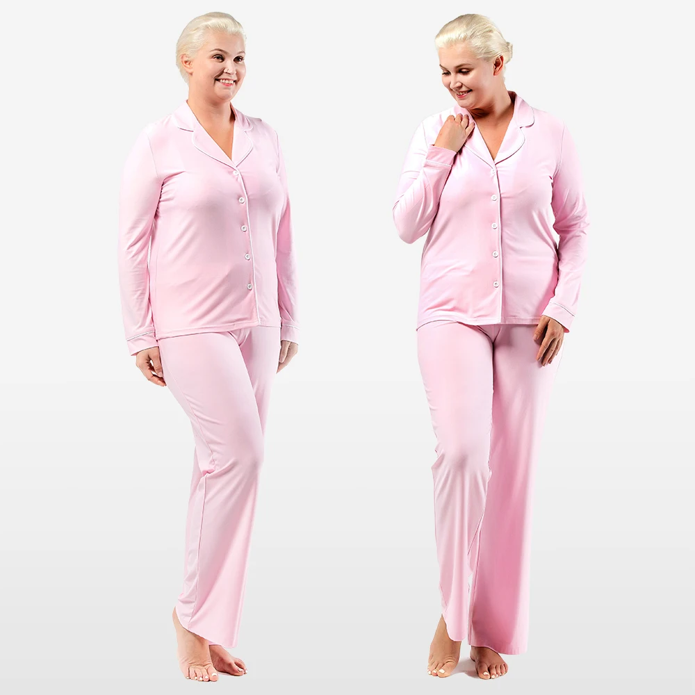 

High quality Women Pajamas Suit Soft Polyester Fabric Pajama cheap Breathable smooth 2 piece set custom color, Customizable