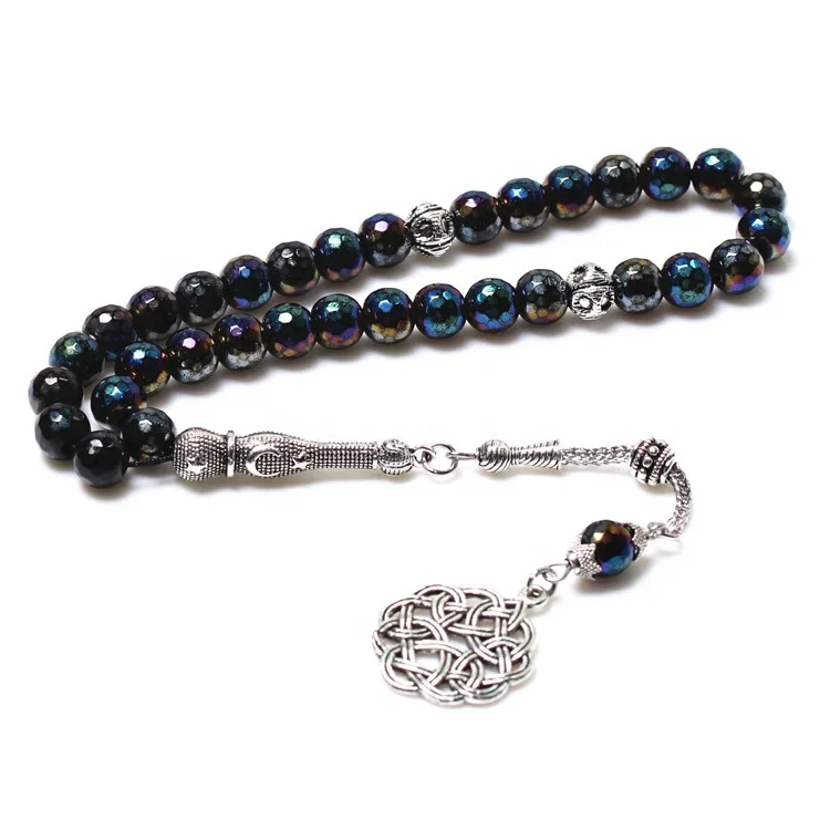 

Wholesale Islamic Tasbih Prayer Beads 8MM Black Plated Stone Metal Tassel Tesbih Muslim Rosary