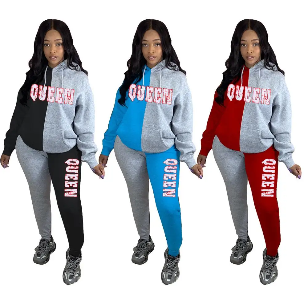 

XM-20121413 fall winter 2021 new arrival fall winter two piece ladies set hooded letter printed 2 piece women clothing set