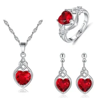 

925 Sterling Silver Ruby Love Pendant Bridal Jewelry Zircon Necklace earring ring set