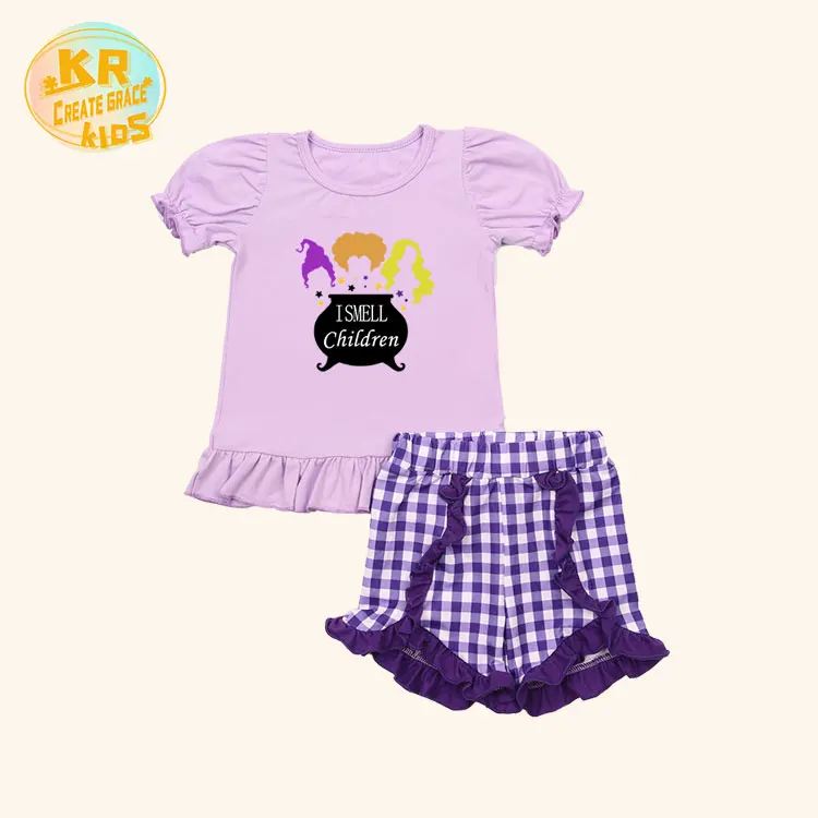 

New Design Purple Plaid Ruffled Design Toddler Girl Clothes Summer Wear Two Piece Short Set, Customized color