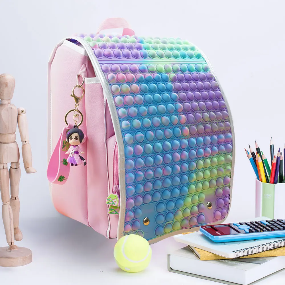 

Hot Selling Silicone Push Pop Up Fidget Flip-open Rainbow Bubble Anti-stress Kids Backpack School Bags for girls, Customized color