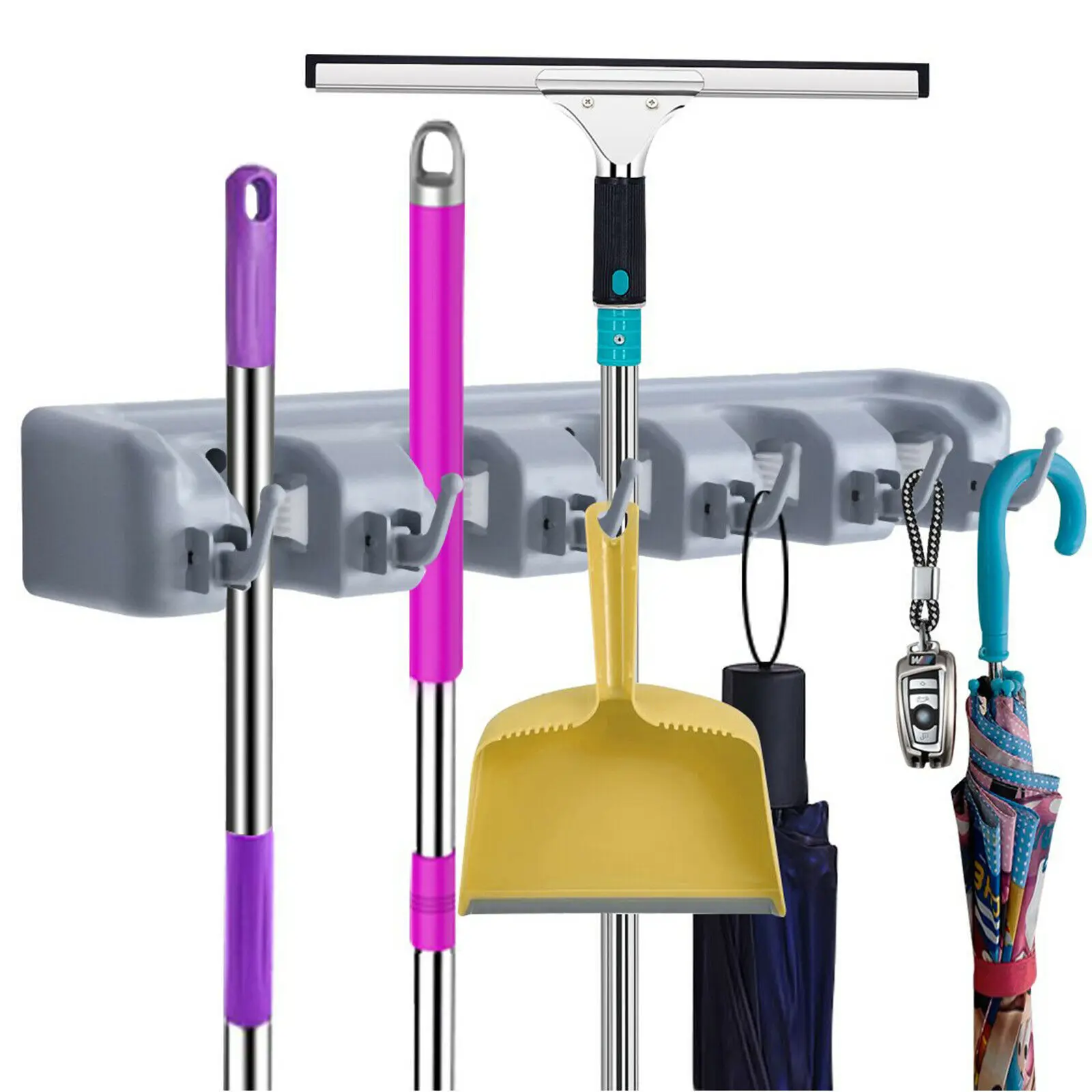 

Broom Mop Holder Organizer Closet Storage 5 buckles 6 hooks Kitchen Rack Mop Handles