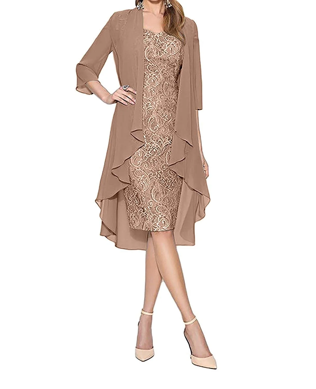 

Women's Two Pieces set lace chiffon dress Knee Length Evening Party Dresses wedding plus size Mother Of Bride Casual Dresses