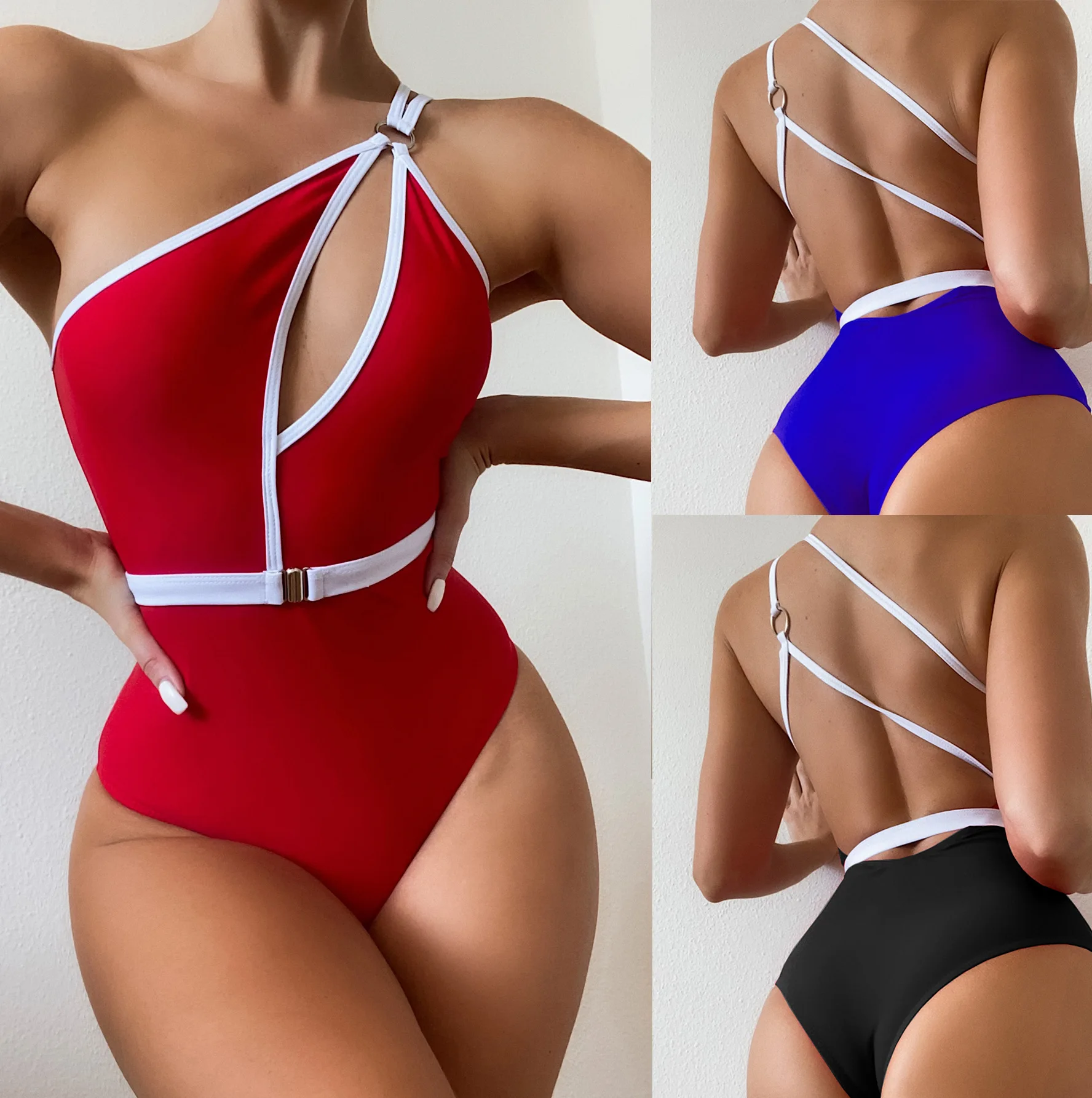 

Moco 2021 Womens One Shoulder Cutout Ruched Back High Cut Monokini One Piece Swimsuit