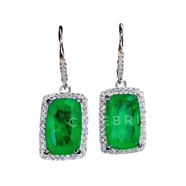 

S925 Sterling Silver Jewellery Big Square Emerald Drop Earrings Luxury Fashion Jewelry Women