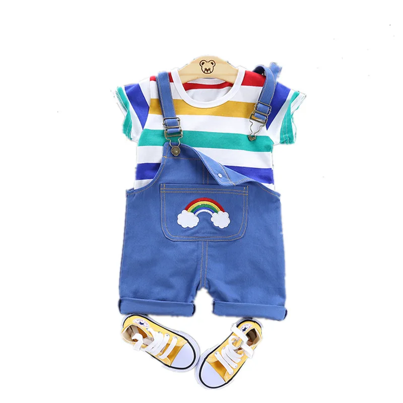 

Factory Direct Summer Kids Clothing Girls Sets New Korean Rainbow Striped Cotton T-shirt Two-Piece Baby Suit, Please refer to color chart