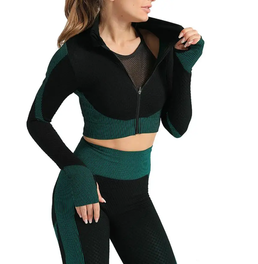 

Women Workout Set 3 Piece Tracksuit Seamless Sports Bra with Yoga Leggings with Zipper Crop Top Yoga Active wear Set, Blue grey pink light blue