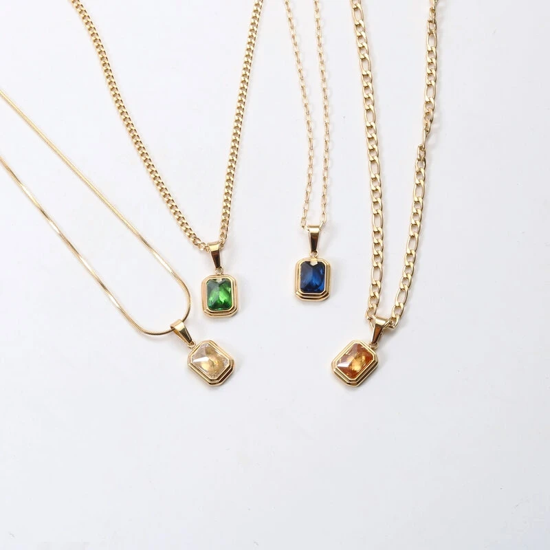 

New Trendy Women Luxury Square 4 Colors Gemstone Pendant Necklace Stainless Steel 18K Gold Plated Jewelry