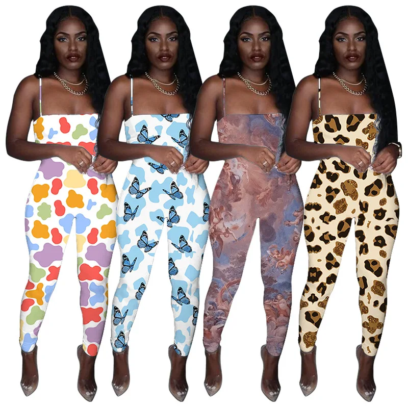 

2021 Spring New Jumpsuit And Rompers Women Printed Sexy Clothing Off Shoulder One Piece Yoga Bodycon Jumpsuits, Color, leopard print, butterfly, pink blue