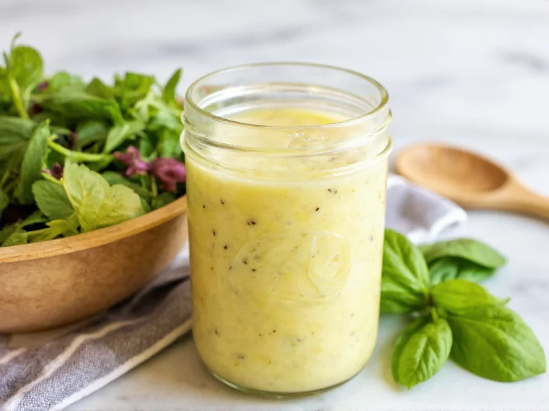 Homemade pasta salad dressing in mason jar with fresh herbs