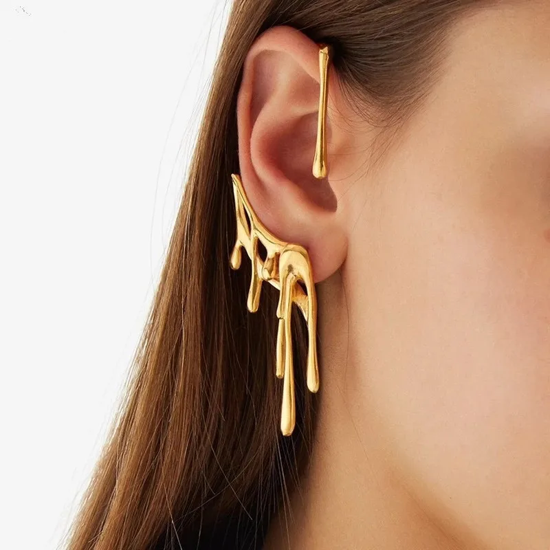

New Design Irregular Lava Cuff Earrings Personality Gold Plated No Piercing Geometric Drip Wax Design Earring For Women Girl
