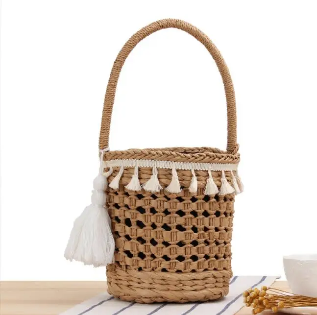 

New Natural Rattan Style Fashion Plaited Article Paper Tote Handbag Shoulder Beach round Straw Bag For Women, Customized color