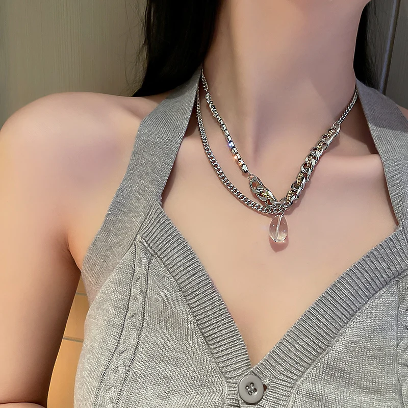 

trendy fashion women crystal pendant thin chain necklace