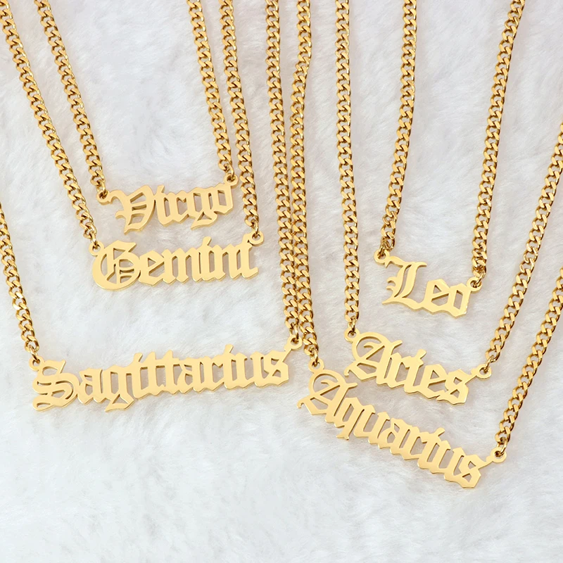 

Personalized 12 Zodiac Word With 3mm Wide Cuban Link Chain Necklace Women Stainless Steel 18k Gold Zodiac Sign Necklace Jewelry, Silver(steel), gold, rose gold