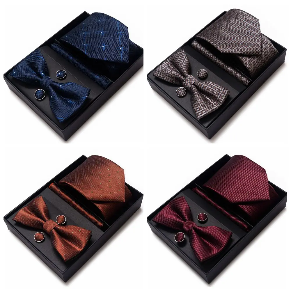 

New Men Bow Tie Sets Luxury Necktie Bowtie Box With Pocket Square Cufflinks Tie Set Gift Box Silk For Men