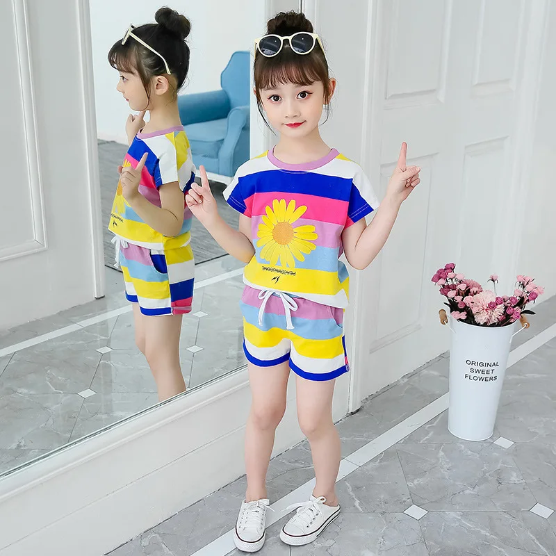 

Girls' little daisy suit big children's striped shorts two-piece suit