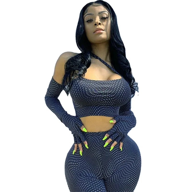 

New Designer Clothes Famous Brands Women Blue Mesh See Through Set 2 Piece Set Women Clothes With Exercise Workout