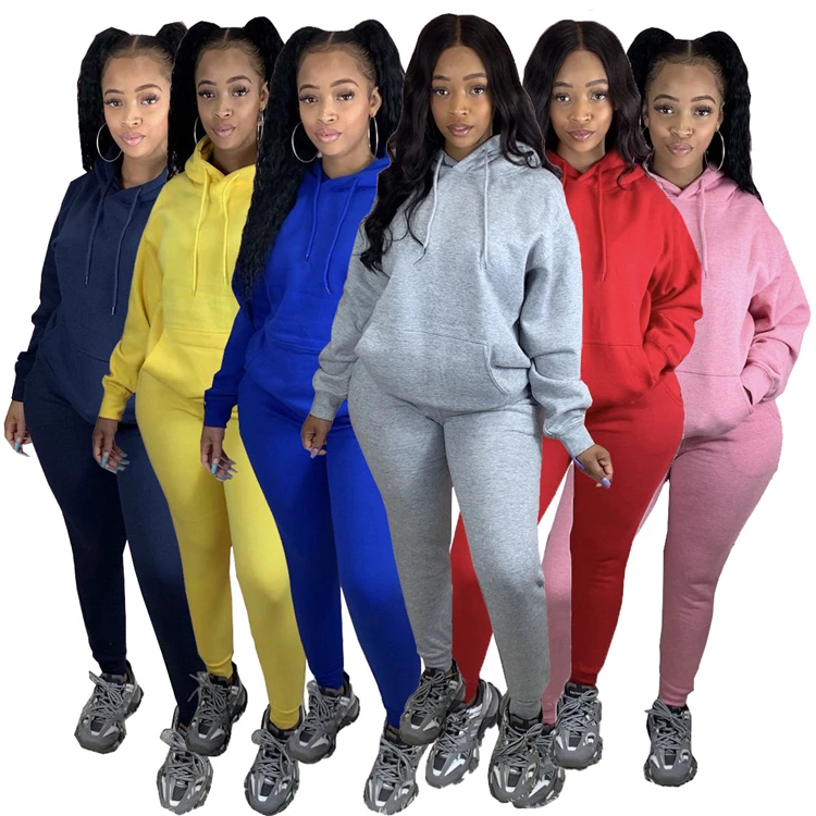 

2020 Autumn Women Solid Color Casual Loose Sweatsuit Hooded Sweatshirt Sets Sporty Outfits Ladies Tracksuit Two Piece Set, Customized color