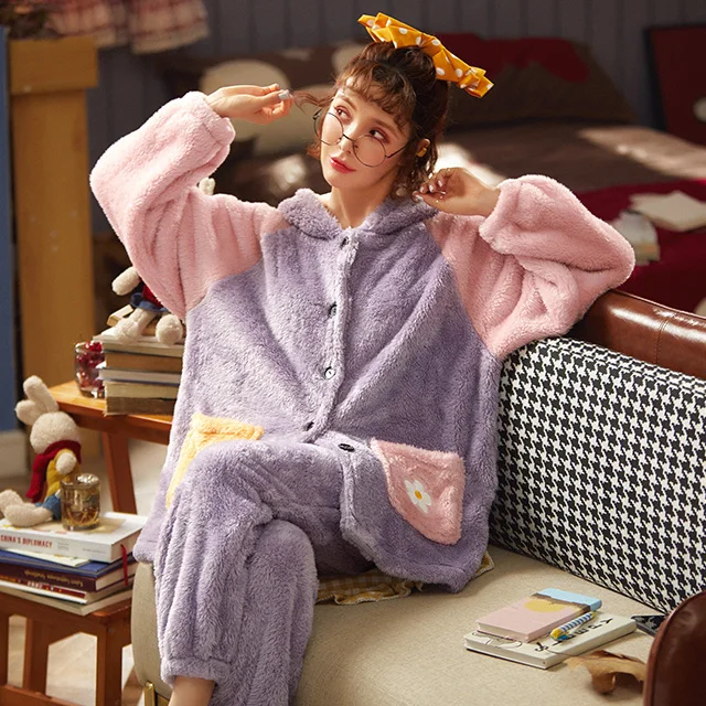 

The spring new style Kawaii Women Pajamas Sets Sleepwear Suit Thick Warm Coral Flannel Nightgown Female Cartoon Animal Pajama