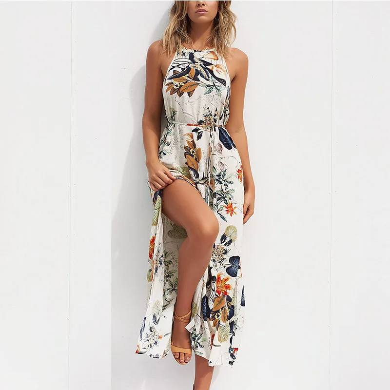 

Summer Dress 2021 Fashion Women Sexy Fashion Sleeveless Long Dress Pleated Floral Printed Maxi Dress, Light green/deep green/orange yellow