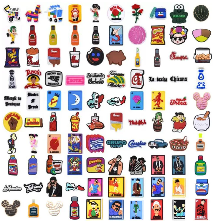 

Amazon top seller 100 pcs Random mexican style PVC soft croc charms for Shoe Bracelet Wristband Party Gifts, As pictures show