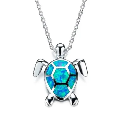 

Cute Turtle Pendant Necklace Lovely Animals White Fire Opal Necklace Jewellery Gifts (Blue)