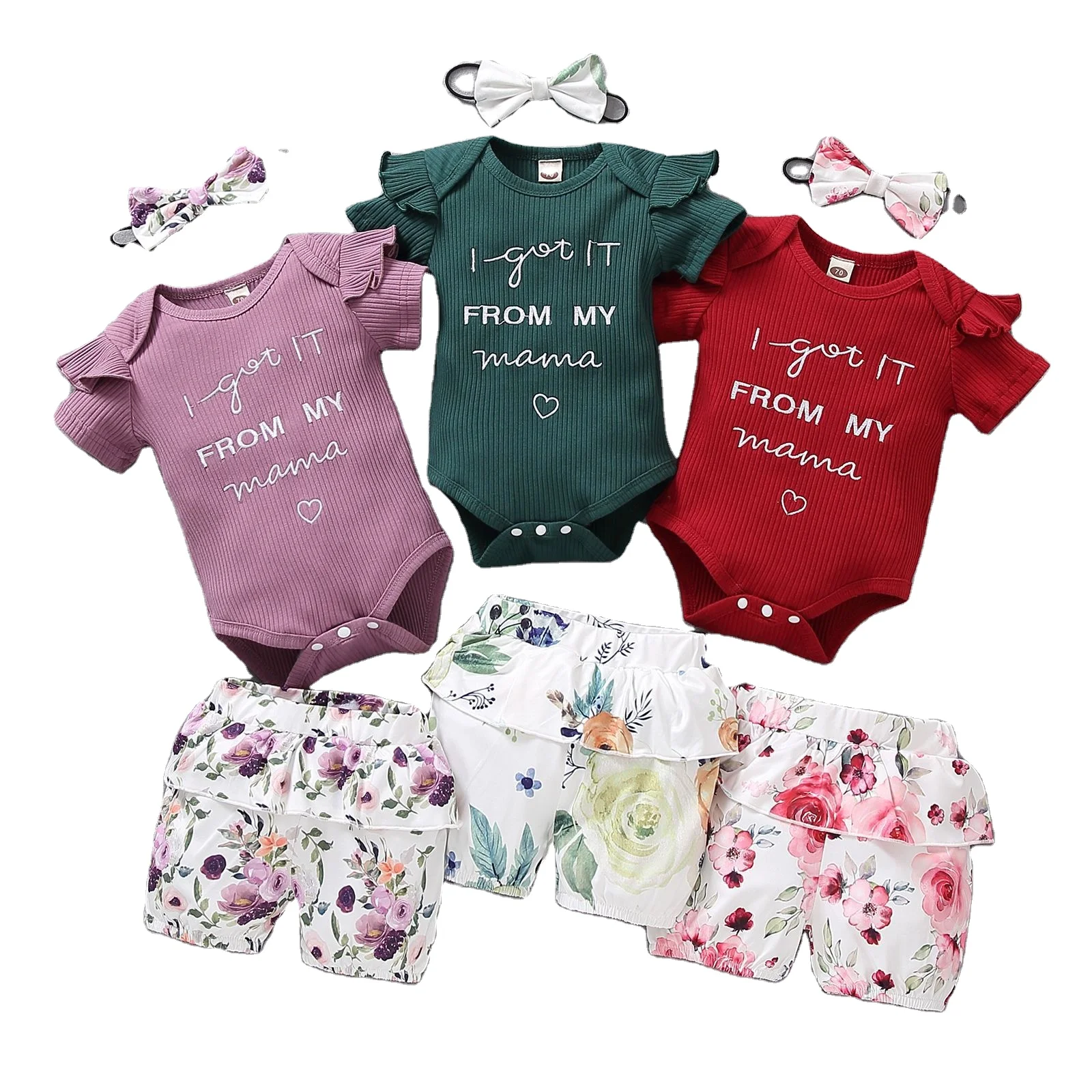 

Embroidered letters baby girls' summer clothing sets toddlers cotton clothes infants rompers, floral shorts and headband