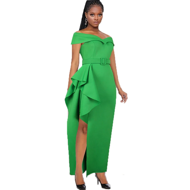 

2021 hot selling new off shoulder Ruffle high waist open fork women's evening dress slim fit solid color elegant party dress