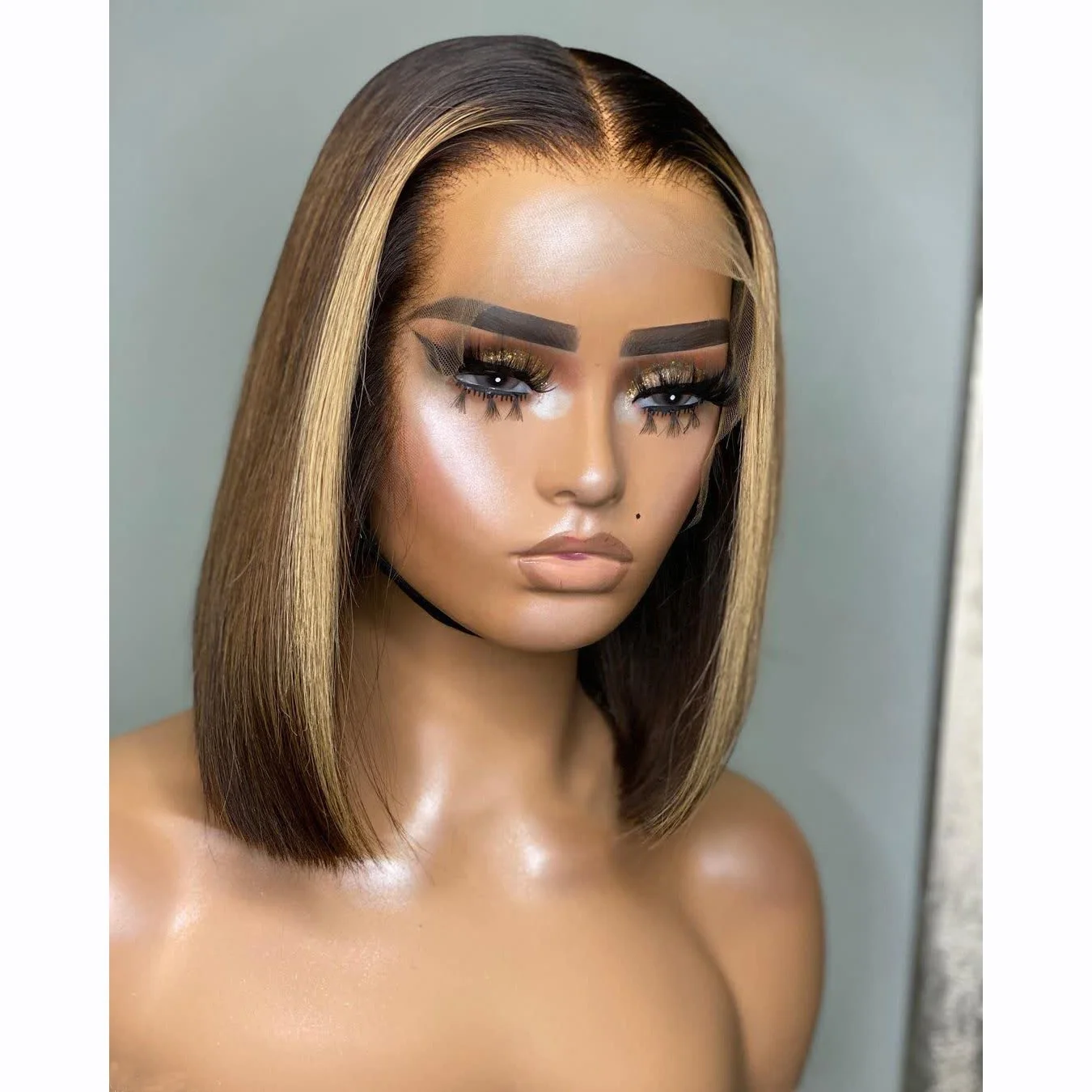 

Wholesale highlight 1b honey brown color straight bob human Brazilian ombre colored bob wig highlight lace front human hair wig