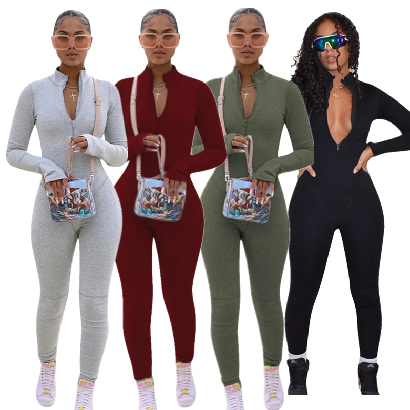 

Solid Zipper Casual Sporty Workout Womens Jumpsuit 2021 Autumn Fashion Skinny Long Sleeve Athleisure Bodysuit, 4 colors